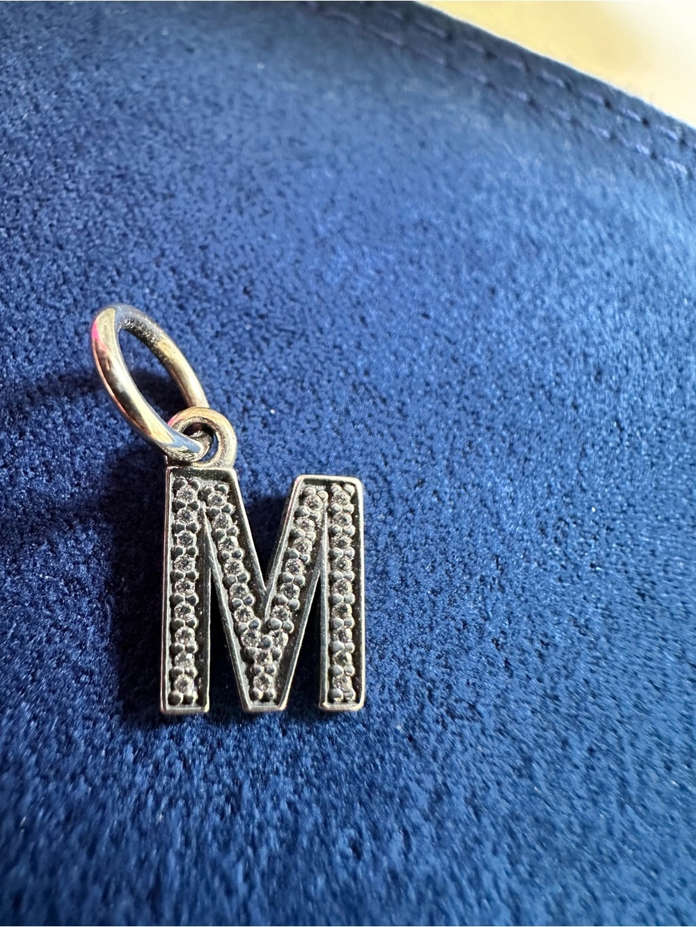 Sterling Silver 'M' Initial Pendant Charm in Silver with pave cubic zirconia